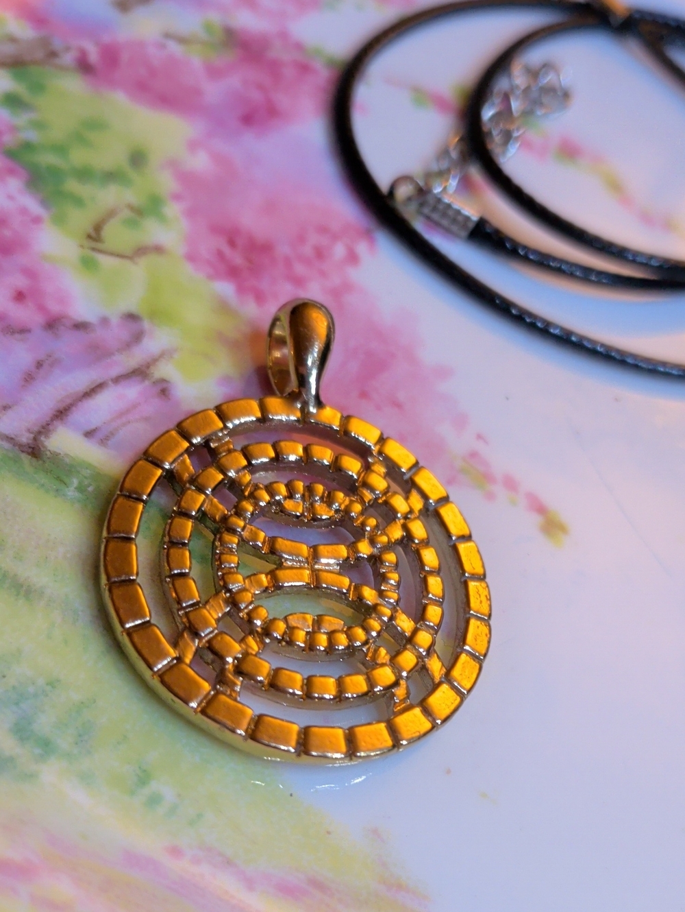 Gold-Tone Circular Mosaic Pendant Necklace